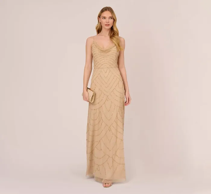 Long Dresses Womens Adrianna Papell Art Deco Beaded Mermaid Gown With Cowl Neckline In Champagne Gold