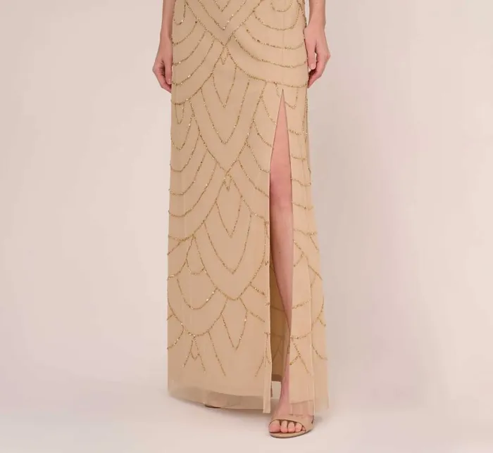 Long Dresses Womens Adrianna Papell Art Deco Beaded Mermaid Gown With Cowl Neckline In Champagne Gold