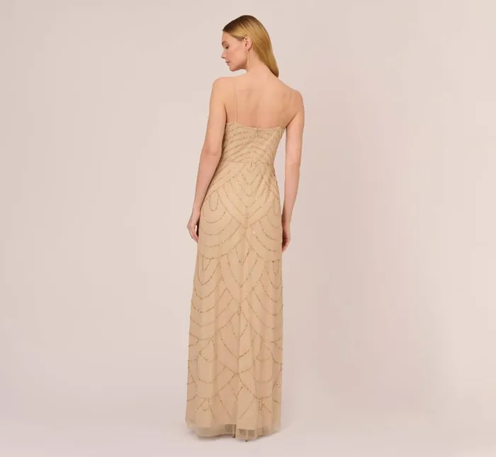 Long Dresses Womens Adrianna Papell Art Deco Beaded Mermaid Gown With Cowl Neckline In Champagne Gold
