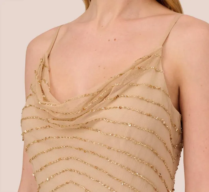 Long Dresses Womens Adrianna Papell Art Deco Beaded Mermaid Gown With Cowl Neckline In Champagne Gold