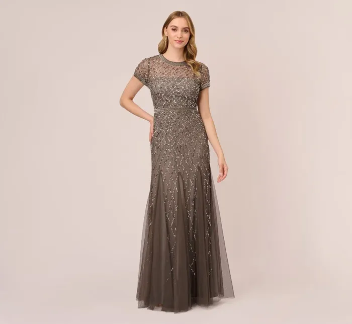 Long Dresses Womens Adrianna Papell Cap Sleeve Beaded Gown In Lead