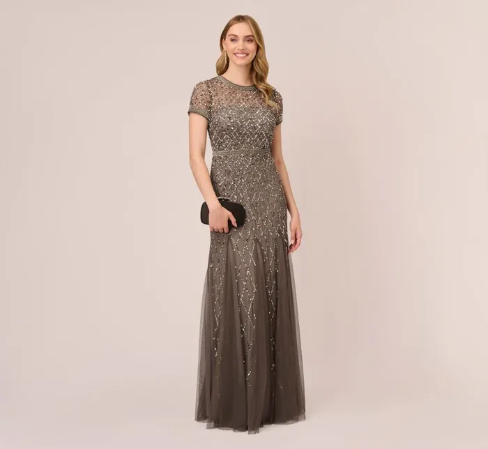 Long Dresses Womens Adrianna Papell Cap Sleeve Beaded Gown In Lead