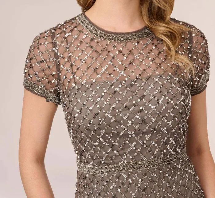 Long Dresses Womens Adrianna Papell Cap Sleeve Beaded Gown In Lead