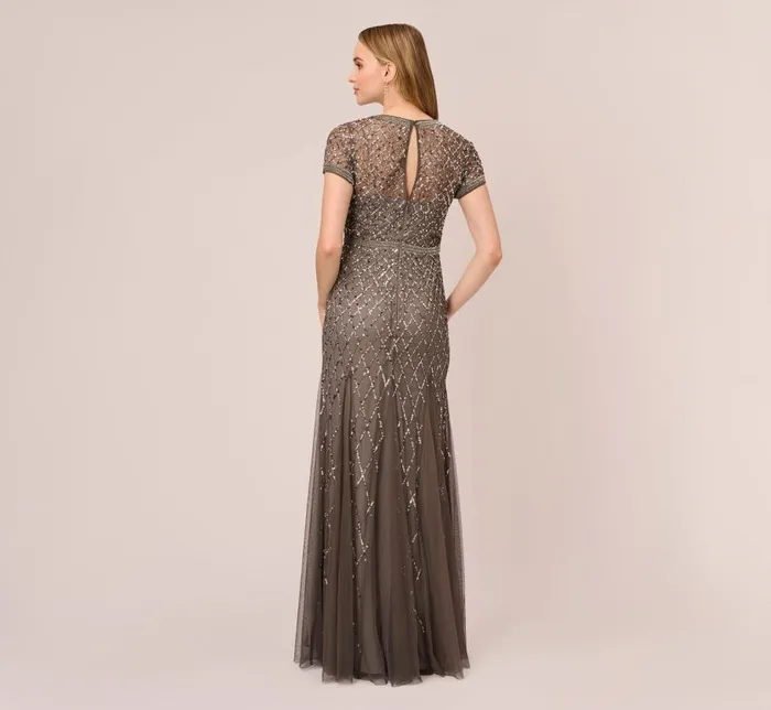 Long Dresses Womens Adrianna Papell Cap Sleeve Beaded Gown In Lead