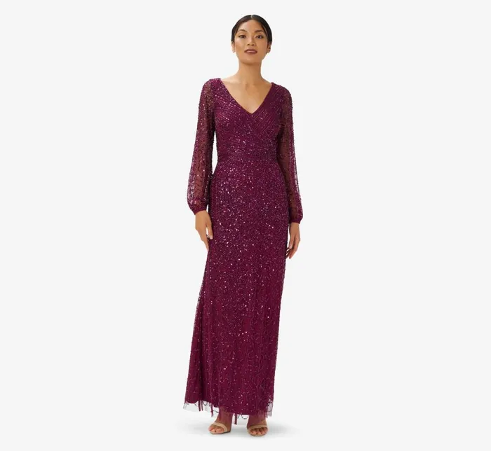 Long Dresses Womens Adrianna Papell HandBeaded Illusion Long Gown In Bordeaux Long Dresses Womens Adrianna Papell HandBeaded Illusion Long Gown In Bordeaux