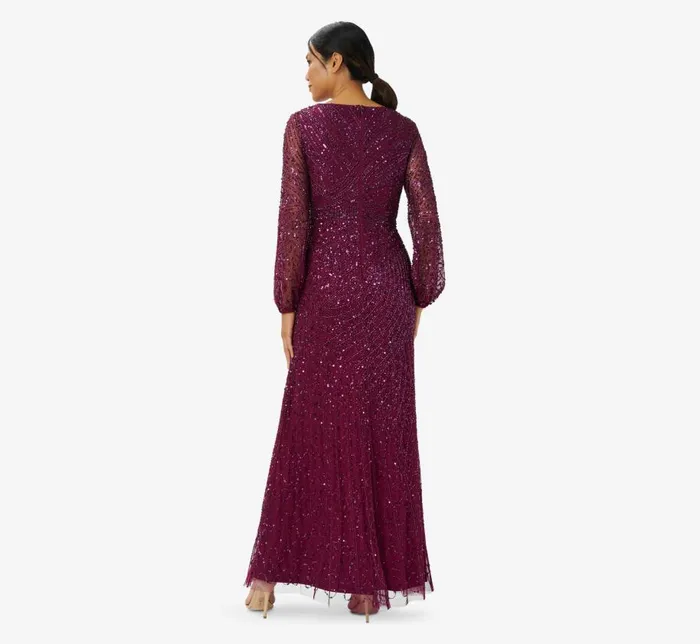 Long Dresses Womens Adrianna Papell HandBeaded Illusion Long Gown In Bordeaux
