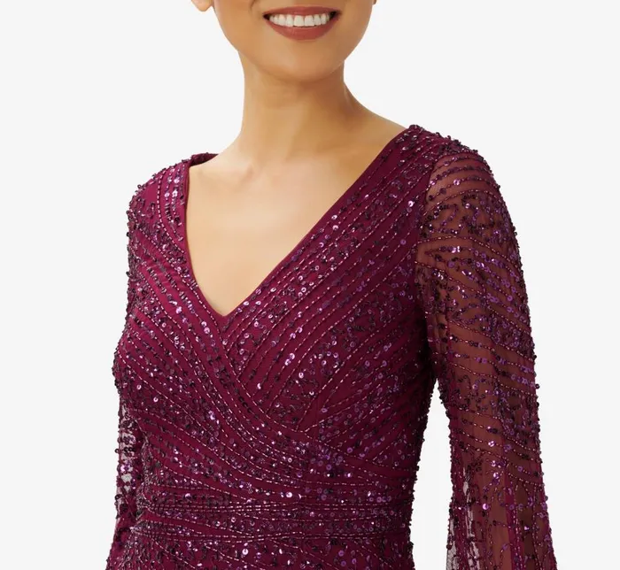 Long Dresses Womens Adrianna Papell HandBeaded Illusion Long Gown In Bordeaux
