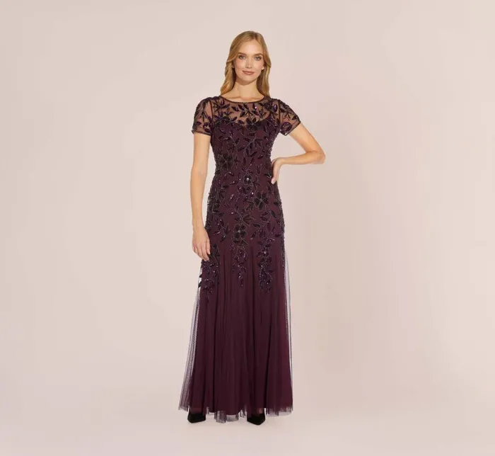 Long Dresses Womens Adrianna Papell Hand Beaded Short Sleeve Floral Godet Gown In Night Plum