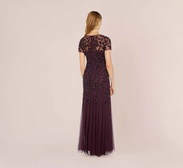 Long Dresses Womens Adrianna Papell Hand Beaded Short Sleeve Floral Godet Gown In Night Plum