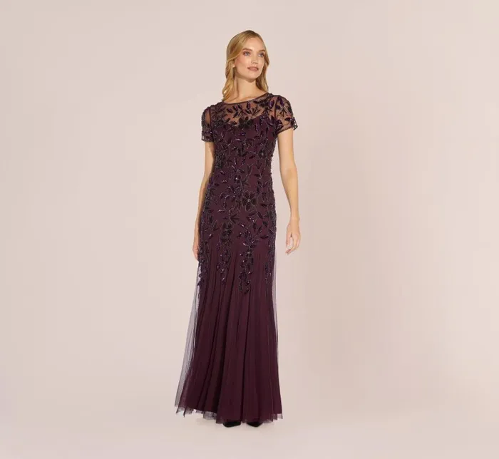 Long Dresses Womens Adrianna Papell Hand Beaded Short Sleeve Floral Godet Gown In Night Plum