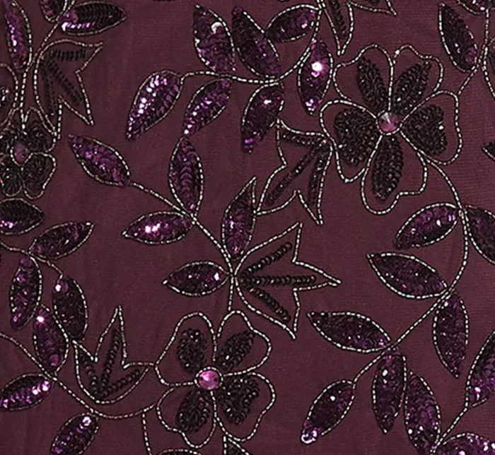 Long Dresses Womens Adrianna Papell Hand Beaded Short Sleeve Floral Godet Gown In Night Plum