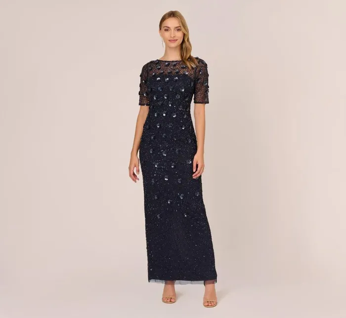 Long Dresses Womens Adrianna Papell Long Hand Beaded 3D Floral Dress With Elbow Sleeves In Dusty Navy Long Dresses Womens Adrianna Papell Long Hand Beaded 3D Floral Dress With Elbow Sleeves In Dusty Navy