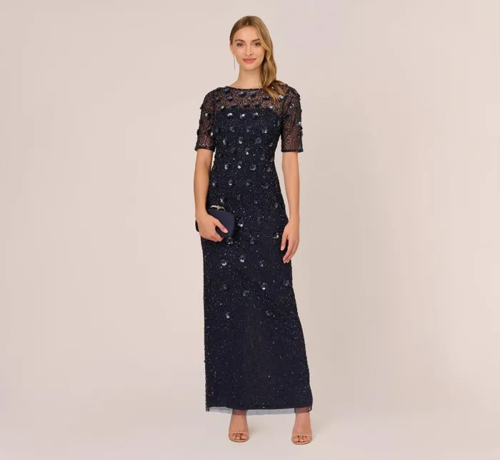Long Dresses Womens Adrianna Papell Long Hand Beaded 3D Floral Dress With Elbow Sleeves In Dusty Navy