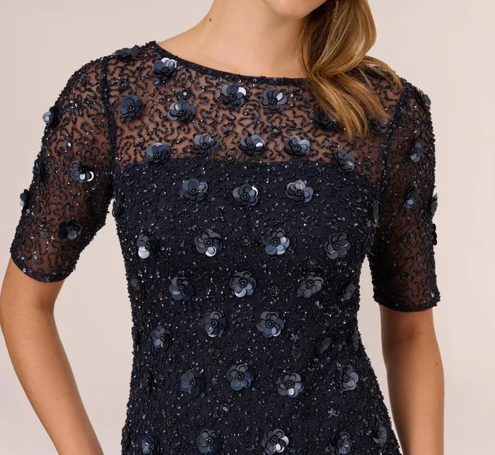 Long Dresses Womens Adrianna Papell Long Hand Beaded 3D Floral Dress With Elbow Sleeves In Dusty Navy