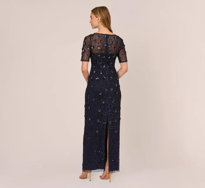 Long Dresses Womens Adrianna Papell Long Hand Beaded 3D Floral Dress With Elbow Sleeves In Dusty Navy