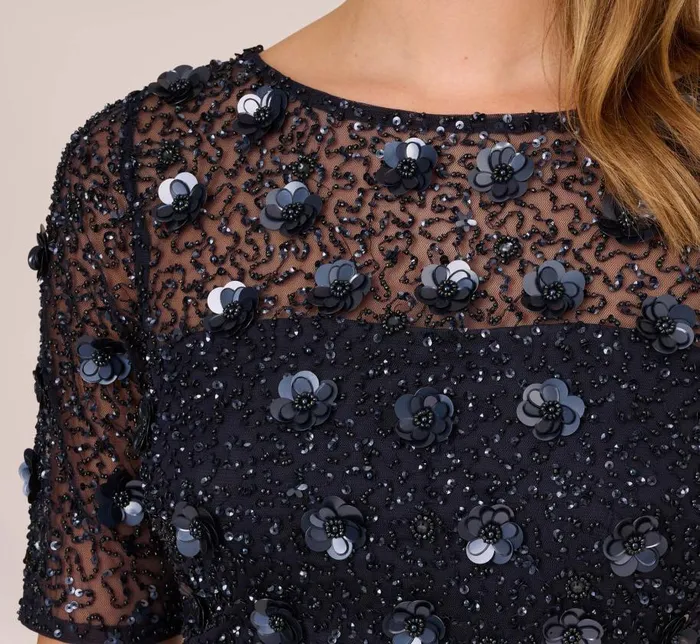 Long Dresses Womens Adrianna Papell Long Hand Beaded 3D Floral Dress With Elbow Sleeves In Dusty Navy