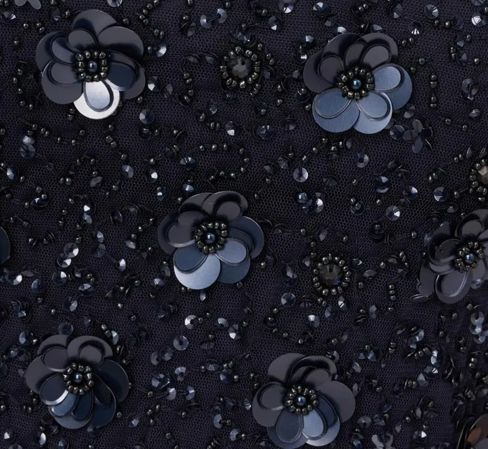Long Dresses Womens Adrianna Papell Long Hand Beaded 3D Floral Dress With Elbow Sleeves In Dusty Navy