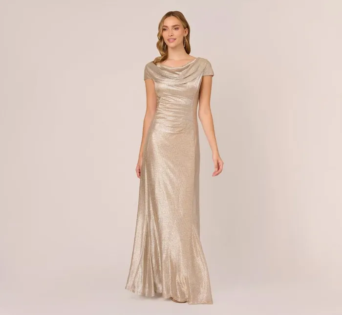 Long Dresses Womens Adrianna Papell Metallic Foil Knit Draped Long Gown In Alabaster Long Dresses Womens Adrianna Papell Metallic Foil Knit Draped Long Gown In Alabaster