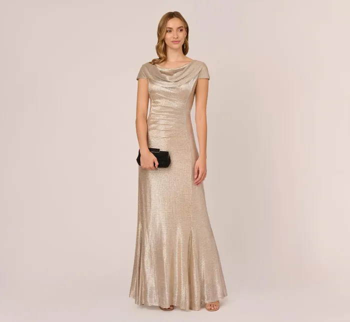 Long Dresses Womens Adrianna Papell Metallic Foil Knit Draped Long Gown In Alabaster