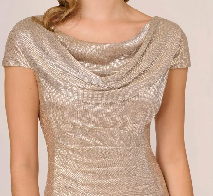 Long Dresses Womens Adrianna Papell Metallic Foil Knit Draped Long Gown In Alabaster