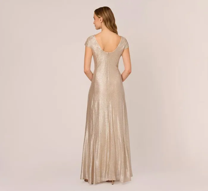 Long Dresses Womens Adrianna Papell Metallic Foil Knit Draped Long Gown In Alabaster