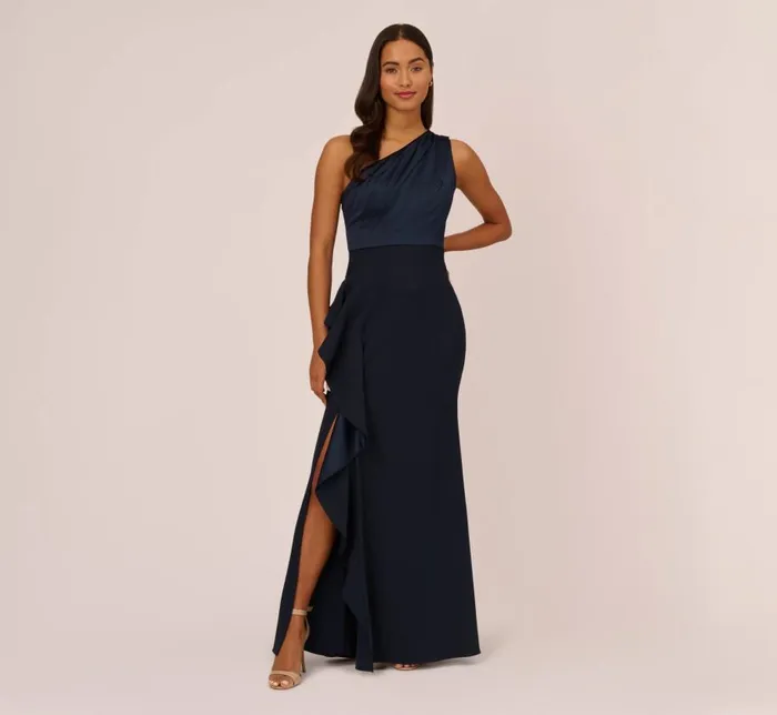 Long Dresses Womens Adrianna Papell OneShoulder Long Satin Crepe Mermaid Gown In Dark Navy Long Dresses Womens Adrianna Papell OneShoulder Long Satin Crepe Mermaid Gown In Dark Navy