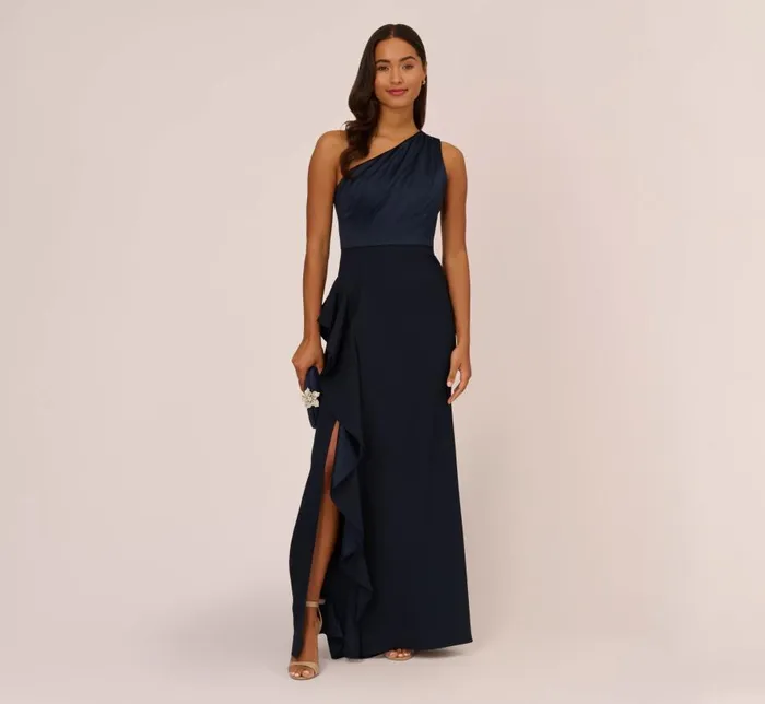 Long Dresses Womens Adrianna Papell OneShoulder Long Satin Crepe Mermaid Gown In Dark Navy