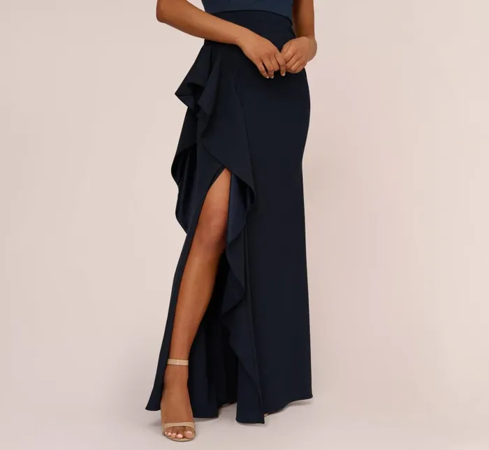 Long Dresses Womens Adrianna Papell OneShoulder Long Satin Crepe Mermaid Gown In Dark Navy