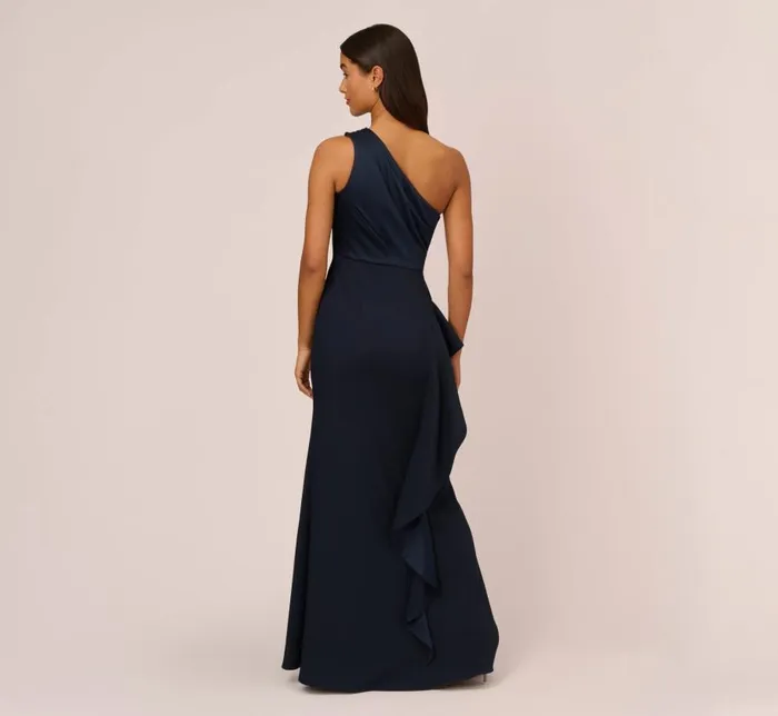 Long Dresses Womens Adrianna Papell OneShoulder Long Satin Crepe Mermaid Gown In Dark Navy