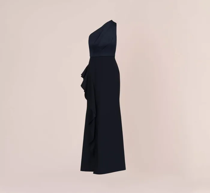 Long Dresses Womens Adrianna Papell OneShoulder Long Satin Crepe Mermaid Gown In Dark Navy