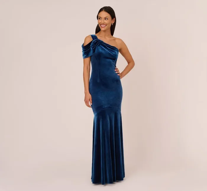 Long Dresses Womens Adrianna Papell One Shoulder Velvet Mermaid Gown With Drape Sleeve In Ocean Wave Long Dresses Womens Adrianna Papell One Shoulder Velvet Mermaid Gown With Drape Sleeve In Ocean Wave