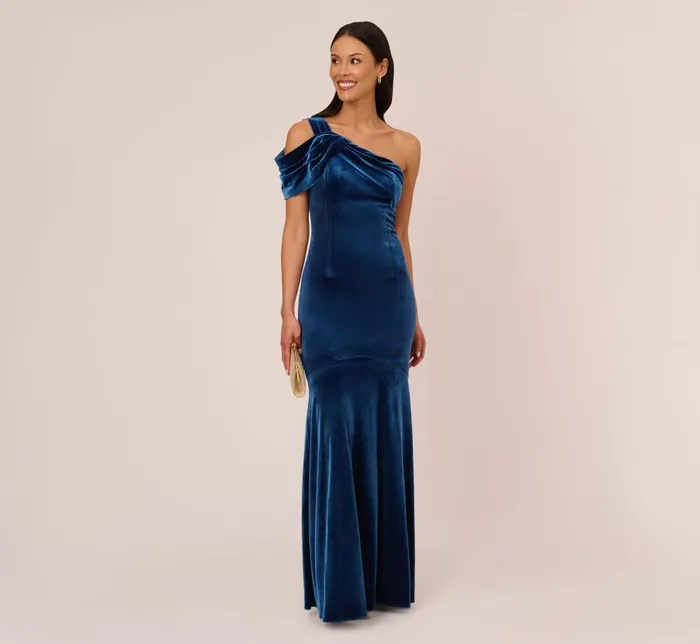Long Dresses Womens Adrianna Papell One Shoulder Velvet Mermaid Gown With Drape Sleeve In Ocean Wave