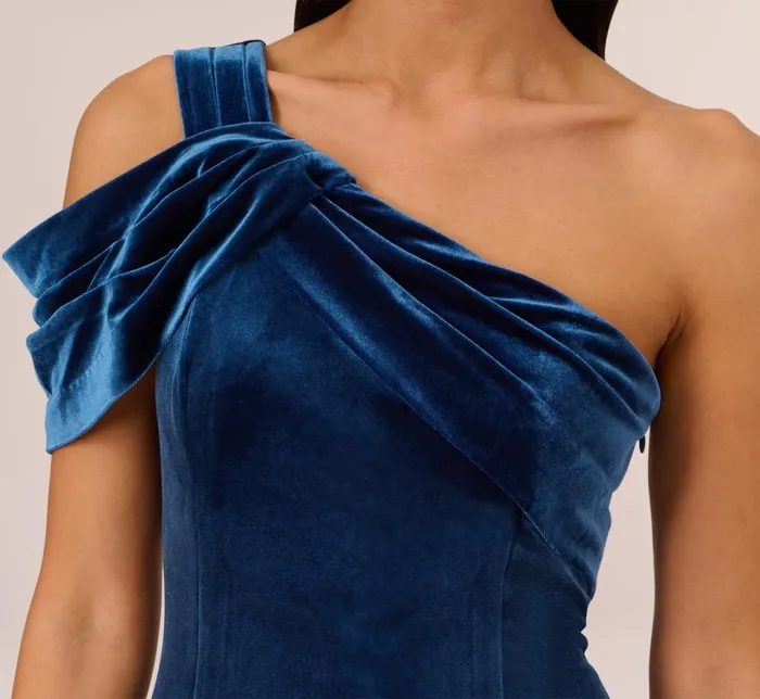 Long Dresses Womens Adrianna Papell One Shoulder Velvet Mermaid Gown With Drape Sleeve In Ocean Wave