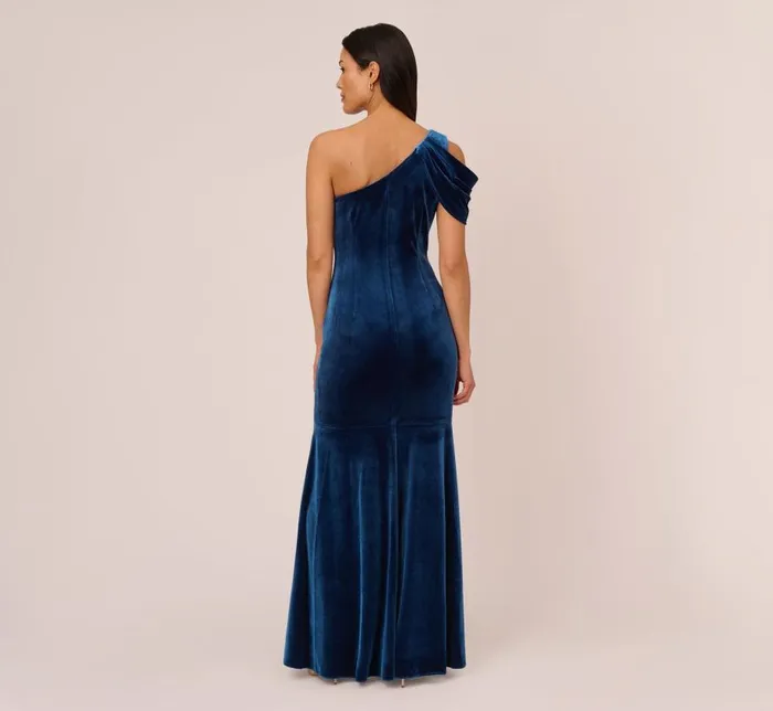 Long Dresses Womens Adrianna Papell One Shoulder Velvet Mermaid Gown With Drape Sleeve In Ocean Wave