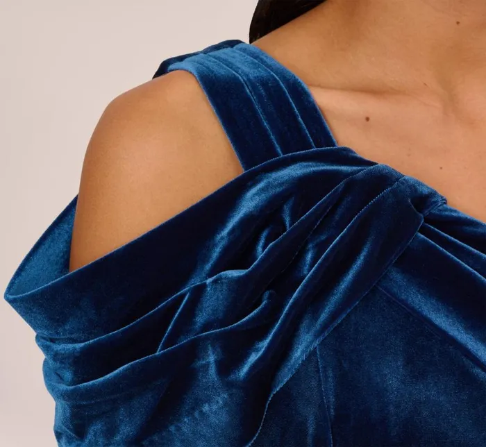 Long Dresses Womens Adrianna Papell One Shoulder Velvet Mermaid Gown With Drape Sleeve In Ocean Wave
