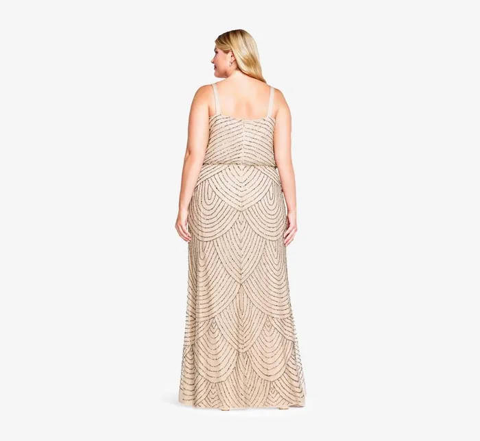 Long Dresses Womens Adrianna Papell Plus Size Art Deco Beaded Blouson Gown In Taupe Pink