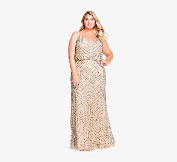 Long Dresses Womens Adrianna Papell Plus Size Art Deco Beaded Blouson Gown In Taupe Pink