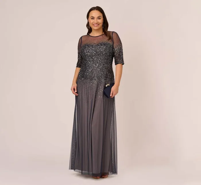Long Dresses Womens Adrianna Papell Plus Size Beaded Illusion Gown In Navy