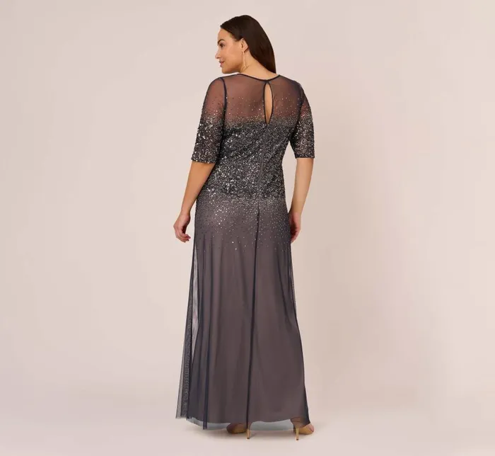 Long Dresses Womens Adrianna Papell Plus Size Beaded Illusion Gown In Navy