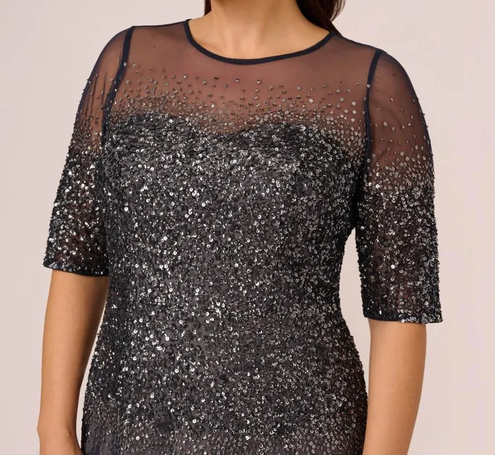 Long Dresses Womens Adrianna Papell Plus Size Beaded Illusion Gown In Navy