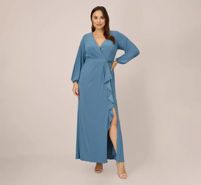Long Dresses Womens Adrianna Papell Plus Size Jersey Faux Wrap Gown With Cascading Ruffle And Slit In Bluebird Long Dresses Womens Adrianna Papell Plus Size Jersey Faux Wrap Gown With Cascading Ruffle And Slit In Bluebird