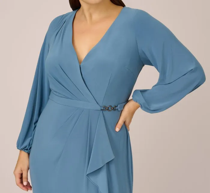 Long Dresses Womens Adrianna Papell Plus Size Jersey Faux Wrap Gown With Cascading Ruffle And Slit In Bluebird