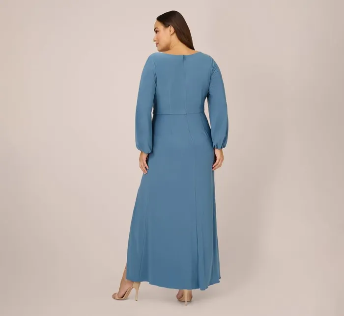 Long Dresses Womens Adrianna Papell Plus Size Jersey Faux Wrap Gown With Cascading Ruffle And Slit In Bluebird