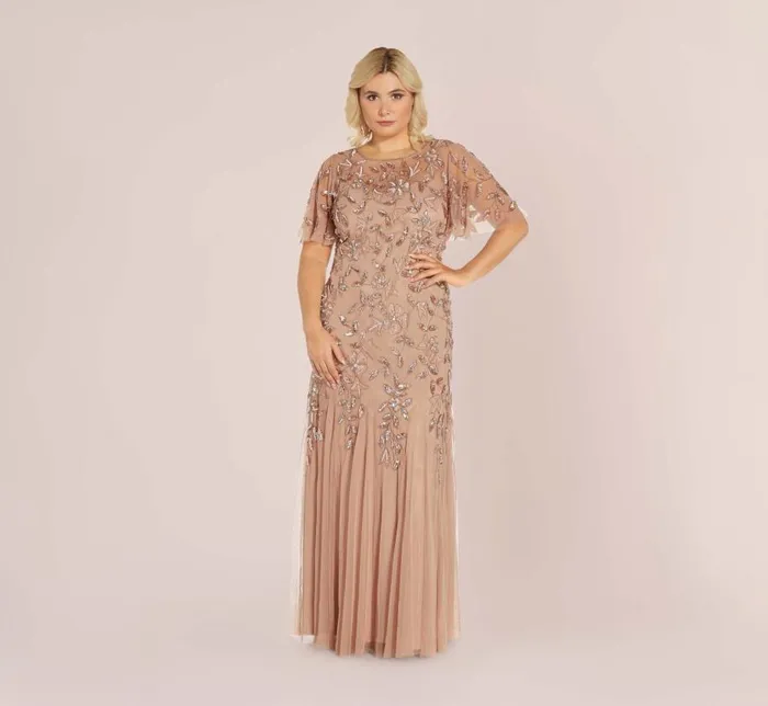 Long Dresses Womens Adrianna Papell Plus Size Long Floral Beaded Gown With Flutter Sleeves In Rose Gold Long Dresses Womens Adrianna Papell Plus Size Long Floral Beaded Gown With Flutter Sleeves In Rose Gold