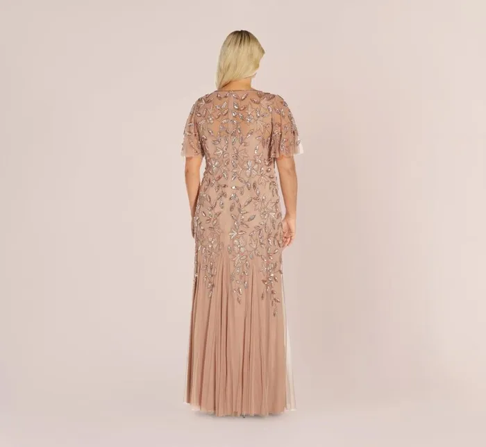 Long Dresses Womens Adrianna Papell Plus Size Long Floral Beaded Gown With Flutter Sleeves In Rose Gold