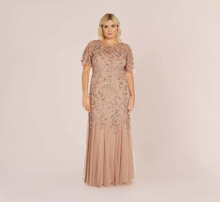 Long Dresses Womens Adrianna Papell Plus Size Long Floral Beaded Gown With Flutter Sleeves In Rose Gold