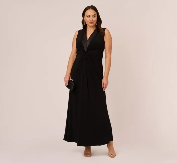 Long Dresses Womens Adrianna Papell Plus Size Matte Jersey Twist Front Tuxedo Long Gown In Black