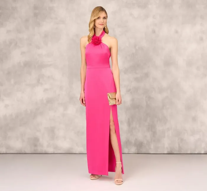 Long Dresses Womens Adrianna Papell Satin Halter Gown With Rosette Accent In Hot Pink