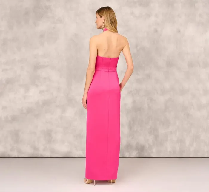 Long Dresses Womens Adrianna Papell Satin Halter Gown With Rosette Accent In Hot Pink