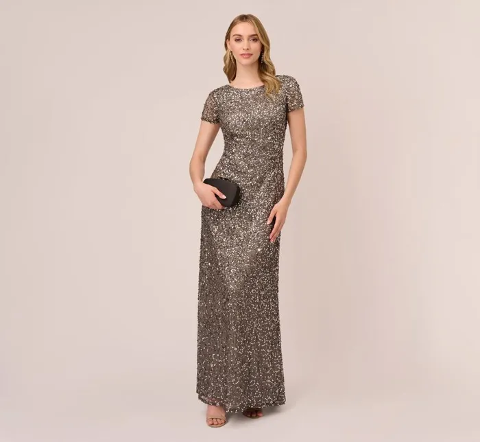 Long Dresses Womens Adrianna Papell Scoop Back Sequin Gown In Lead